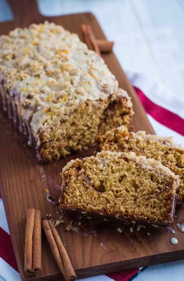 Cinnamon Amish Friendship Bread with crumble topping and orange glaze- this recipe comes together in one big bowl and is so super easy to make!