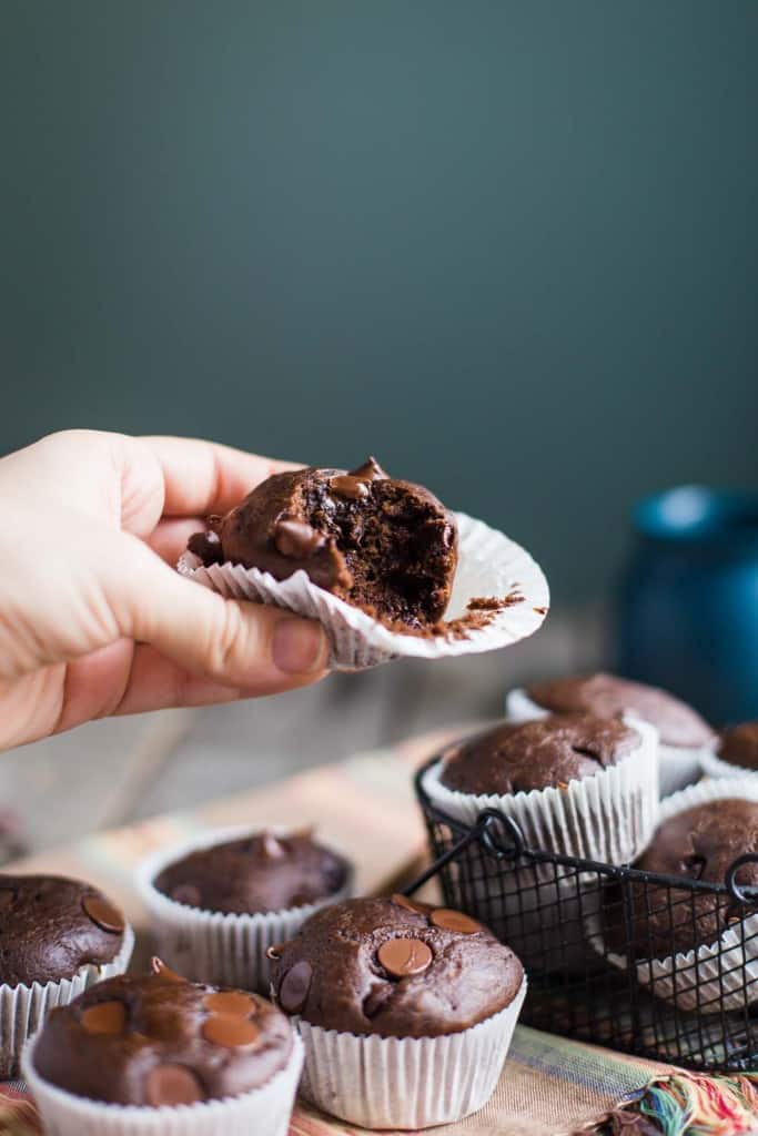 Double Chocolate VEGAN Muffins- this recipe is SO delicious and easy to bake. They taste just like normal muffins and will leave everyone satisfied! SO chocolaty and DELICIOUS!