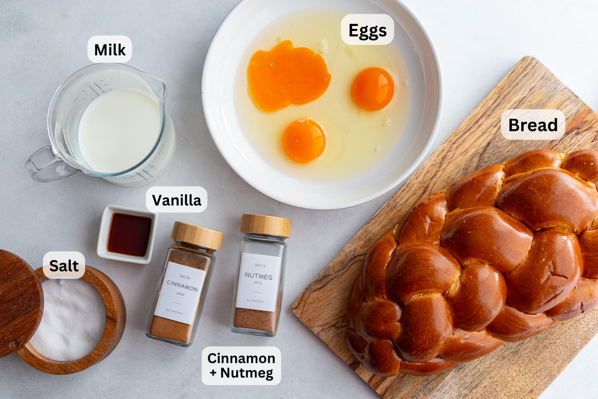 ingredients needed to make french toast: bread, eggs, milk, spices, salt, and vanilla