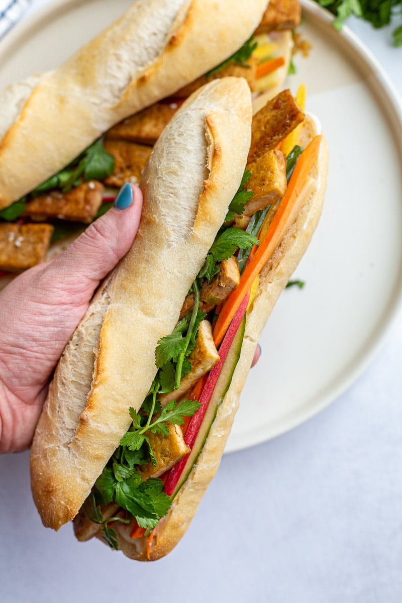 Woman's hand holding a Banh Mi Sandwich made with tofu and fresh cilantro.
