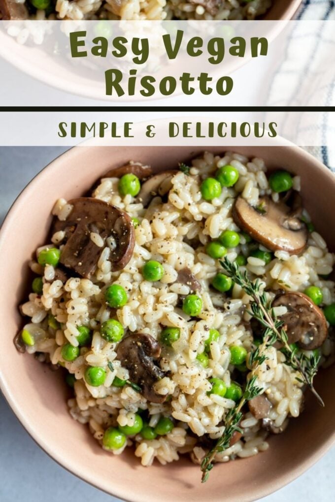 brown bowl with vegan risotto, mushrooms, peas and sprig of thyme.