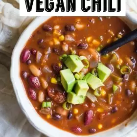 Loaded Vegan Chili- this vegetable chili has 3 different kinds of beans in it making it a very satisfying and filling chili that even meat eaters will love!