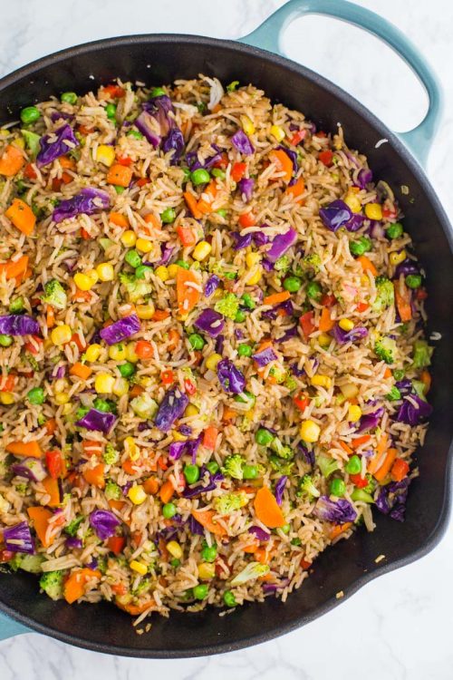 skillet filled with veggie fried rice