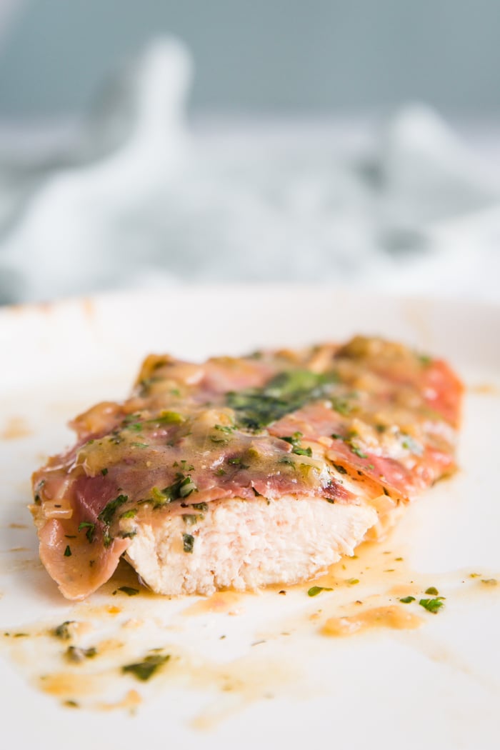 Easy Chicken Saltimbocca- this is my take on traditional saltimbocca. This chicken is covered in fresh sage and prosciutto and takes just 25 minutes to make!