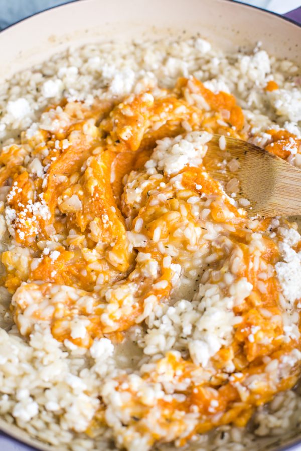 Pumpkin Goat Cheese Risotto- this easy and healthy rice dinner is perfect for fall dinners and something everyone will love!