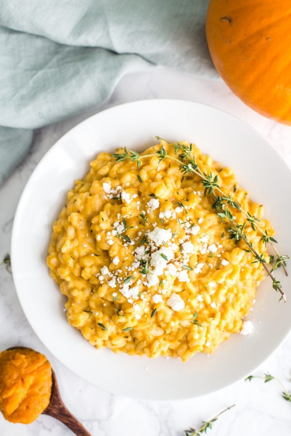 Pumpkin Goat Cheese Risotto- this easy and healthy rice dinner is perfect for fall dinners and something everyone will love!