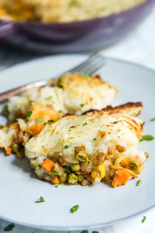 lentil shepherd's pie covered in mashed potatoes and a scoop sitting on a light blue plate
