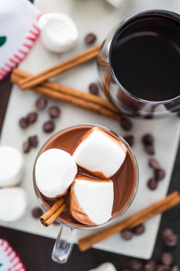 Red Wine Hot Chocolate- this boozy hot chocolate is the perfect adult beverage for winter. It's dairy free, vegan, and such a delightful combo!