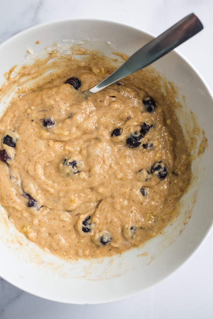 blueberry vegan muffin batter in a large bowl