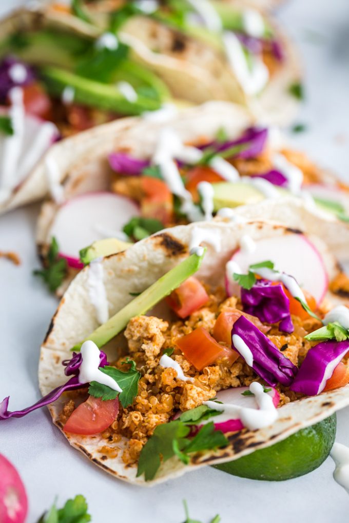 Easy Tofu Taco Meat- this vegan taco meat is made with tofu crumbles and quinoa. It's easy to throw together and SO TASTY! 