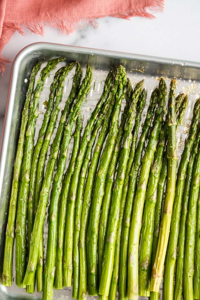roasted asparagus on a baking tray