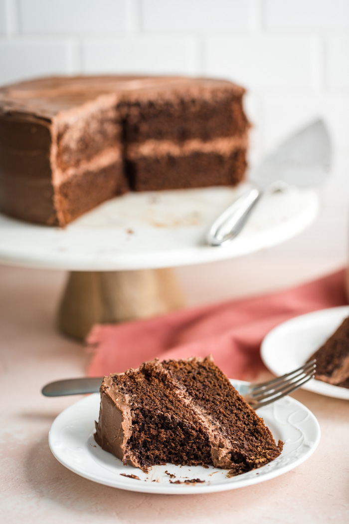 slices of chocolate cake on a white plate