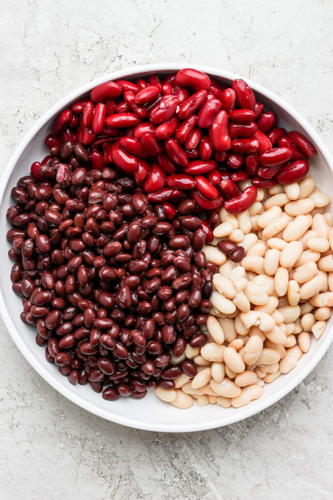 3 types of beans in a white bowl