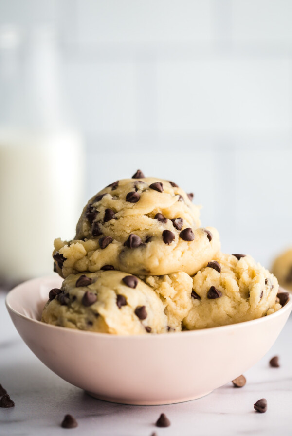 edible cookie dough in a pink bowl