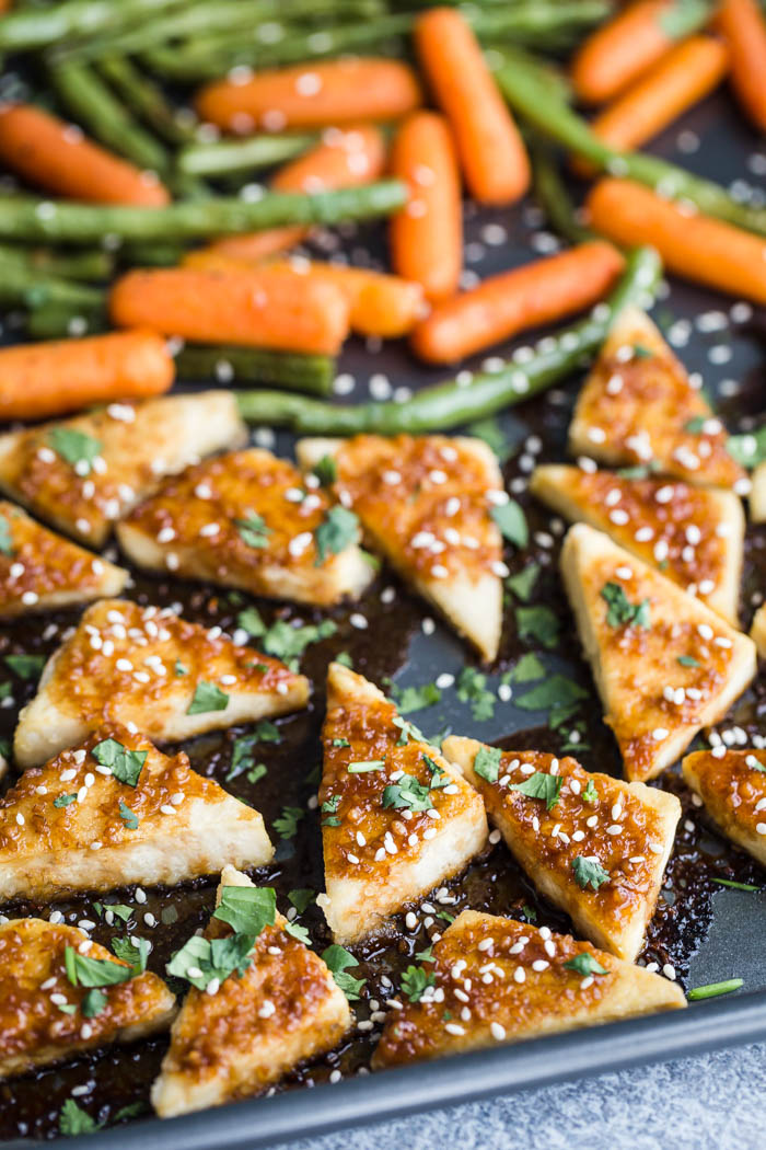 sesame honey tofu triangles and veggies