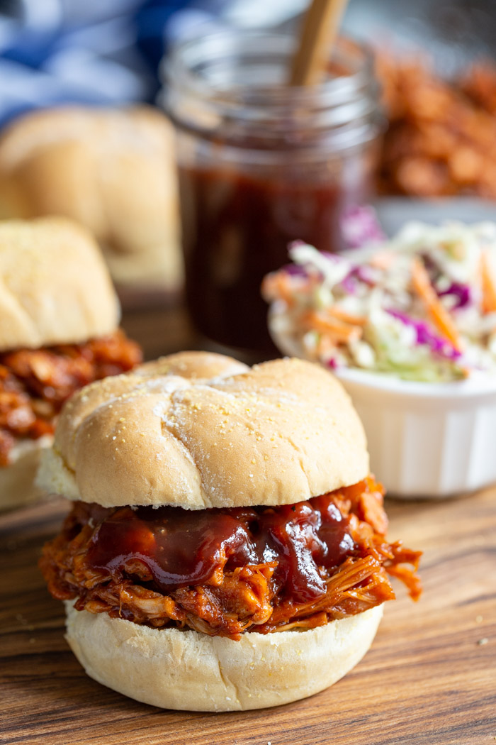 jackfruit pulled pork on a bun and topped with bbq sauce