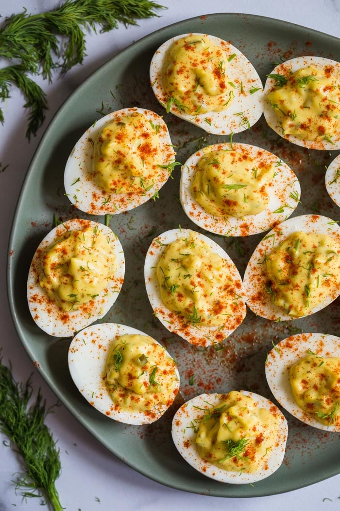 deviled egg recipe with relish and paprika on top