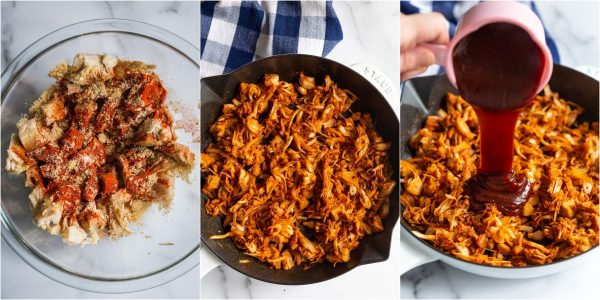 3 images in a row horizontally: image 1 is raw jackfruit in a large bowl covered with spices. image 2 in the shredded jackfruit in a skillet. image 3 in bbq sauce being poured on top of the jackfruit