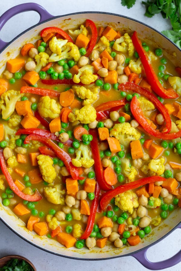 sweet potato and chickpea curry in a large skillet