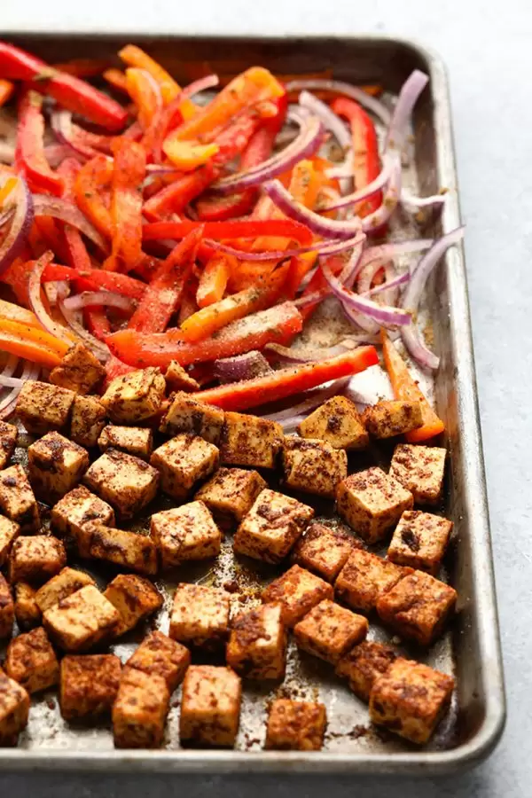 Sheet Pan Meal Prep Tofu Quinoa Burrito Bowls