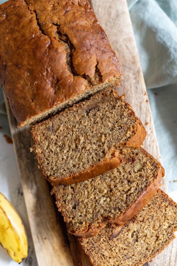 vegan banana bread slices on a wood board