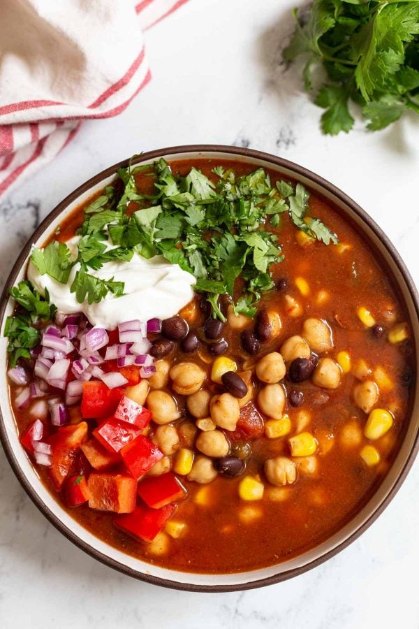 taco soup in a bowl on a marble table