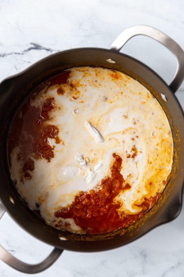 tomato sauce and coconut milk mixing together in a large pot