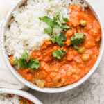 Lentil curry served over coconut rice.