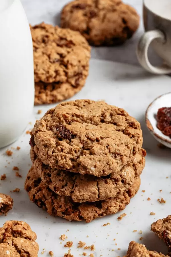 stack of vegan oatmeal raisin cookies