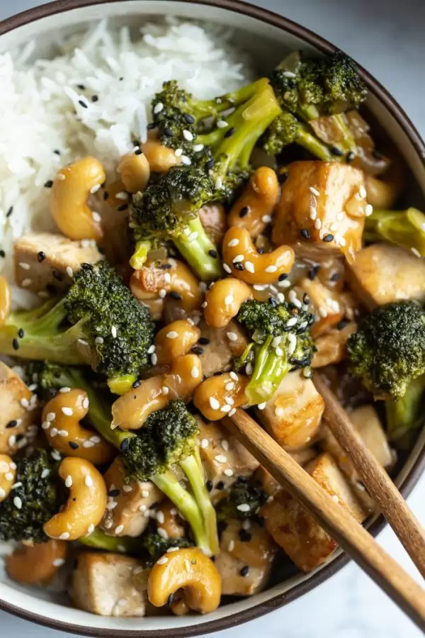 Cashew tofu stir fry over white rice