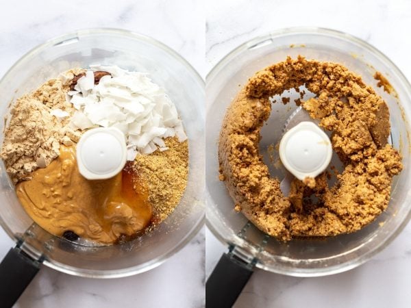 side by side shot of protein bar ingredients and then a shot of the ingredients all blended together in the food processor