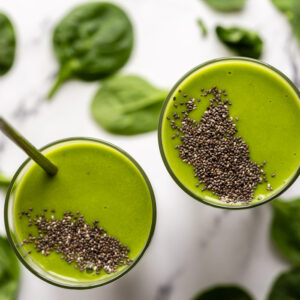 green smoothie topped with chia seeds