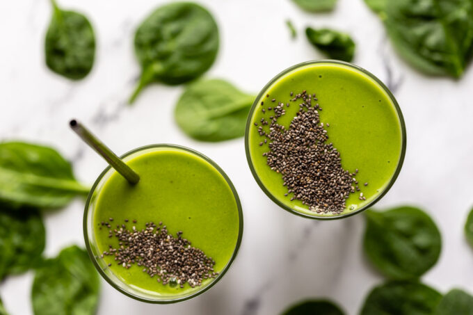 green smoothie topped with chia seeds