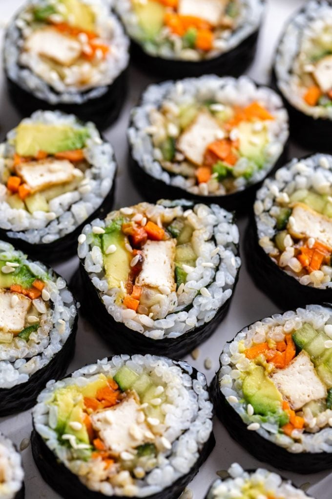 No fish sushi. Crispy tofu with home grown sprouts and cucumbers. : r/sushi