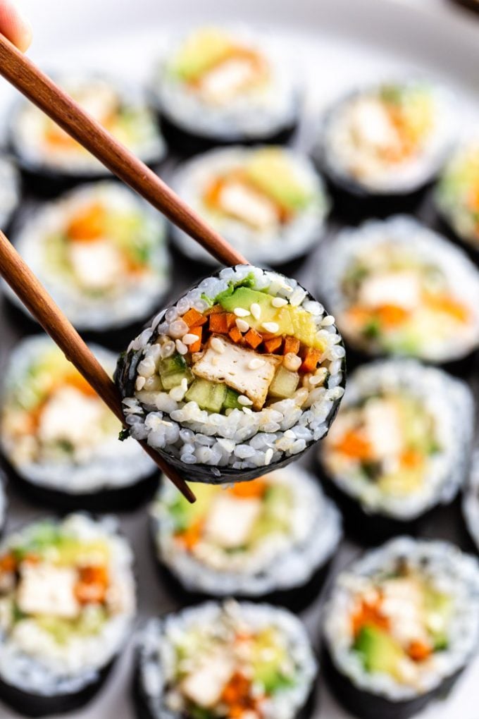 No fish sushi. Crispy tofu with home grown sprouts and cucumbers. : r/sushi