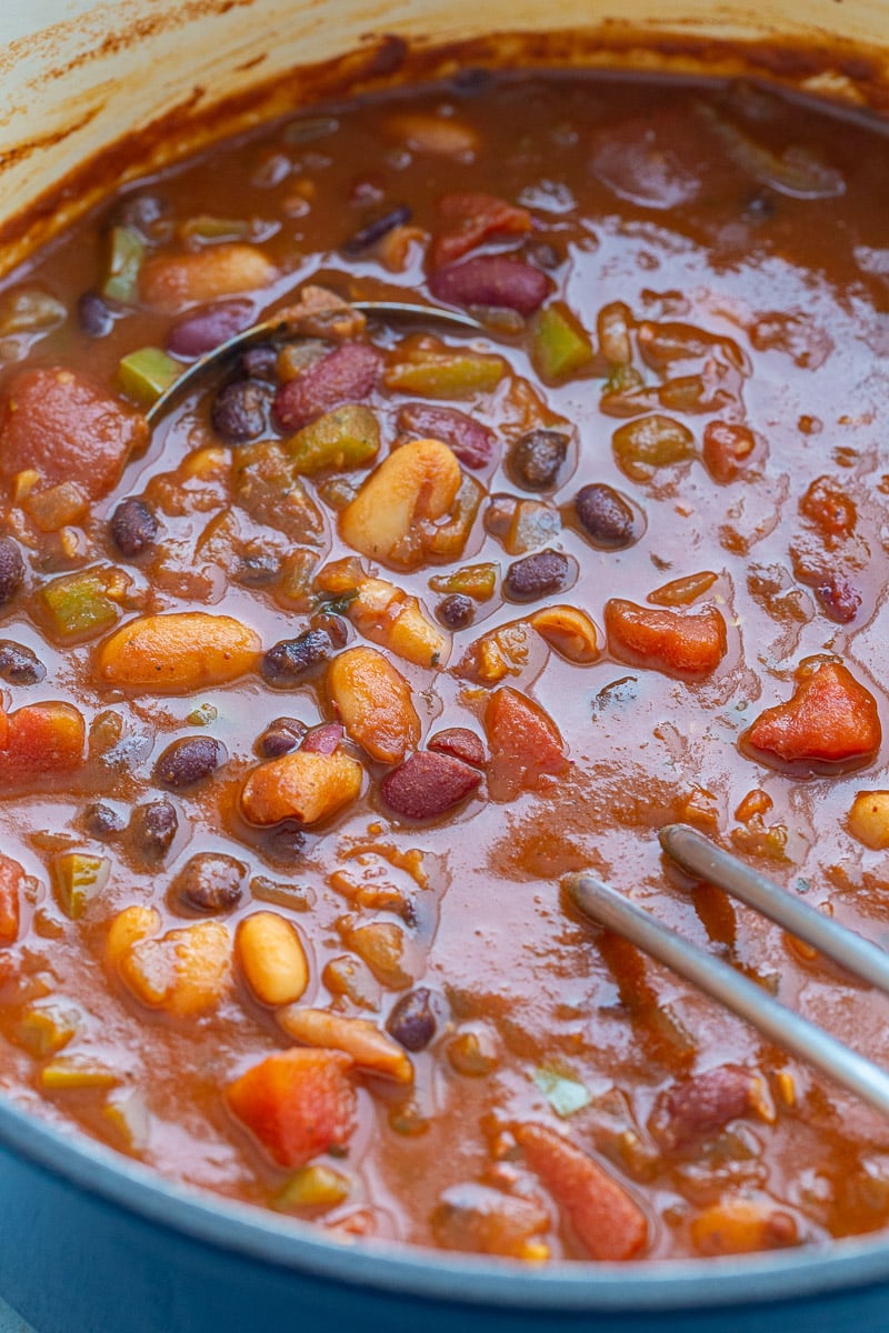 Chili made with beans and tomatoes in a pot.