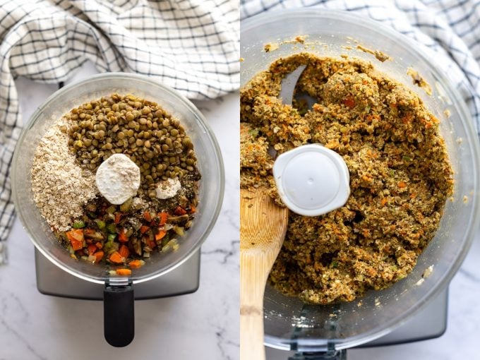 side by side photos. Left: ingredients in a stand mixer for vegan meatloaf including suateed veggies, cooked lentils, oats, seasonsings. Right image: all of those ingredients blended together