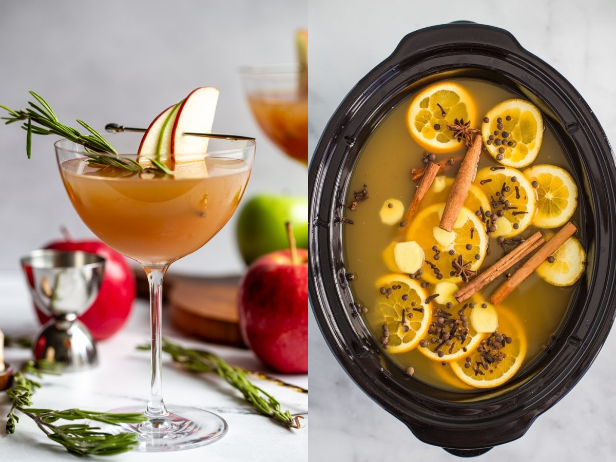 2 images side by side. Left image: apple cider cocktail in a flute glass. right image: mulled apple cider in a slow cooker