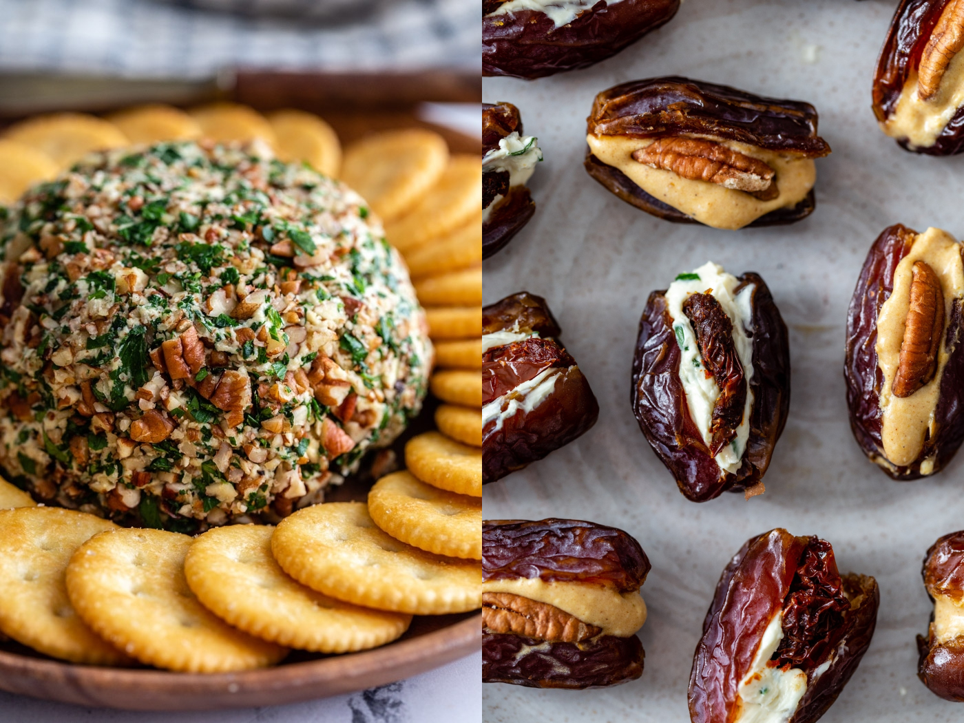 side by side images. left image: vegan cheeseball surrounded by crackers. Right image: cream cheese stuffed dates on a plate