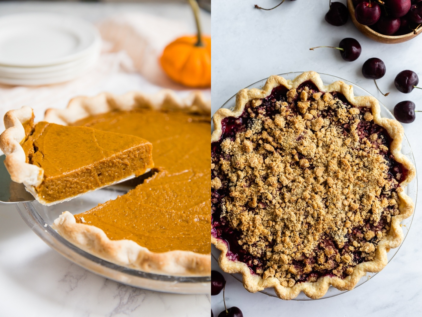 side by side images. left image: slice of pumpkin pie being pulled up from the whole pie. right image: cherry crumble pie