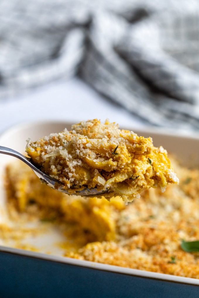 misurino di mac e formaggio estratto da una casseruola e condito con pangrattato