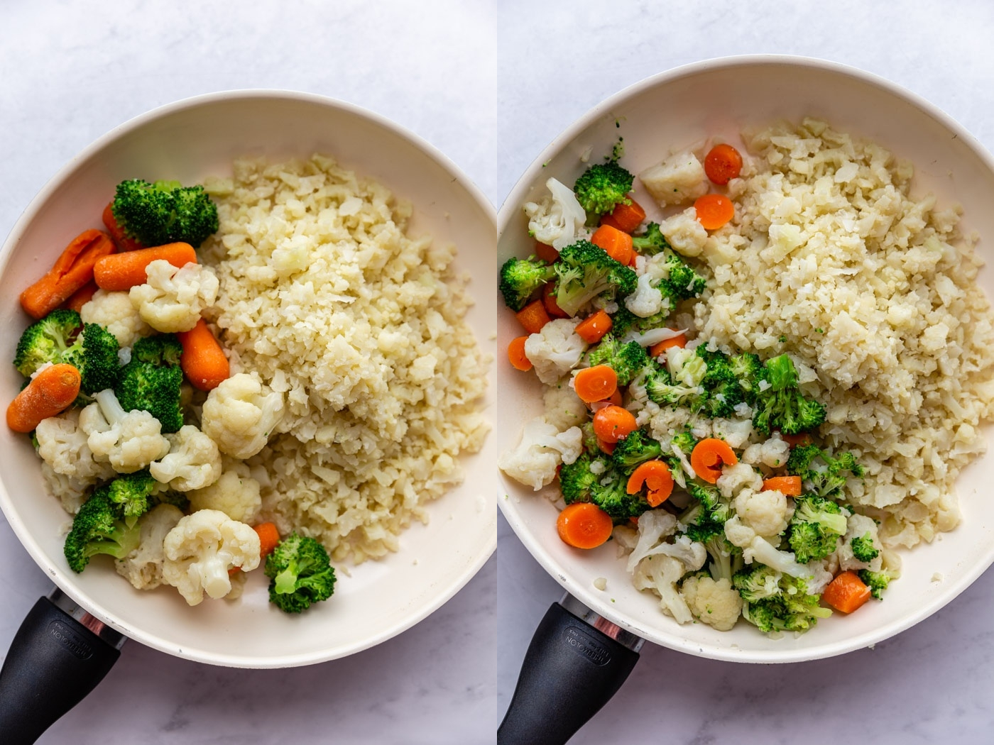 side by side images. Left: cauliflower rice in a skillet with steamed vegetables on the other side of the skillet. Right image: cauliflower rice in a skillet with steamed and chopped vegetables next to it