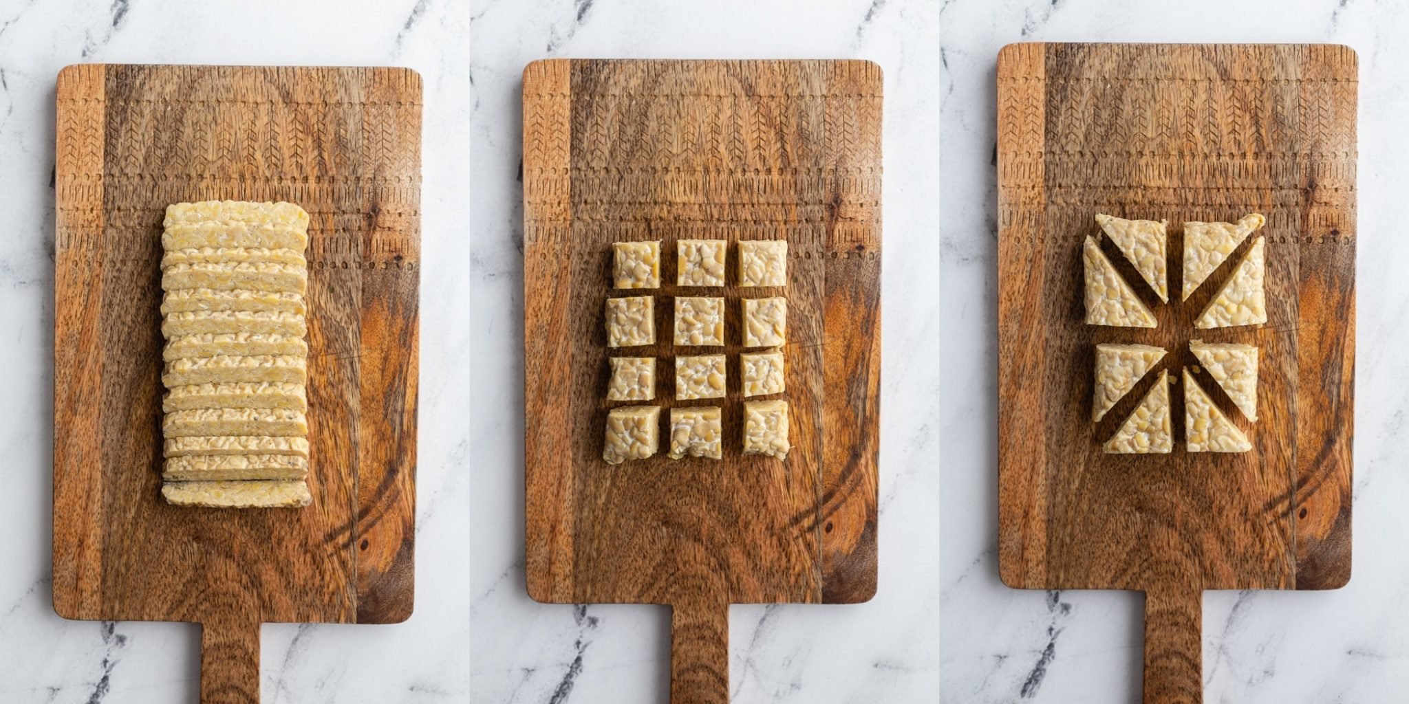 collage of three side by side images. First image is thinly sliced tempeh on a cutting board, second image is cubed tempeh on a cutting board, third image is triangular tempeh on a cutting board