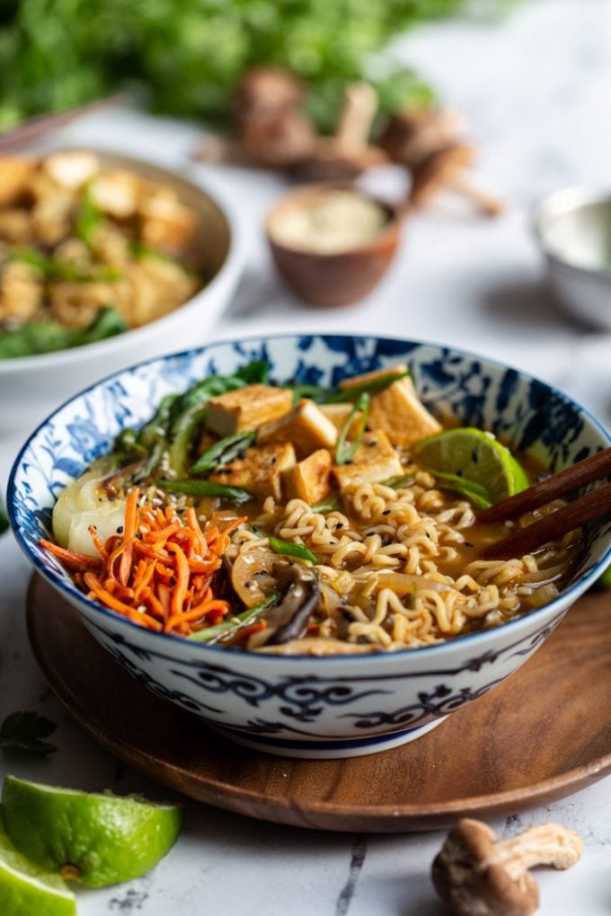 bowl of vegan ramen served with chopsticks