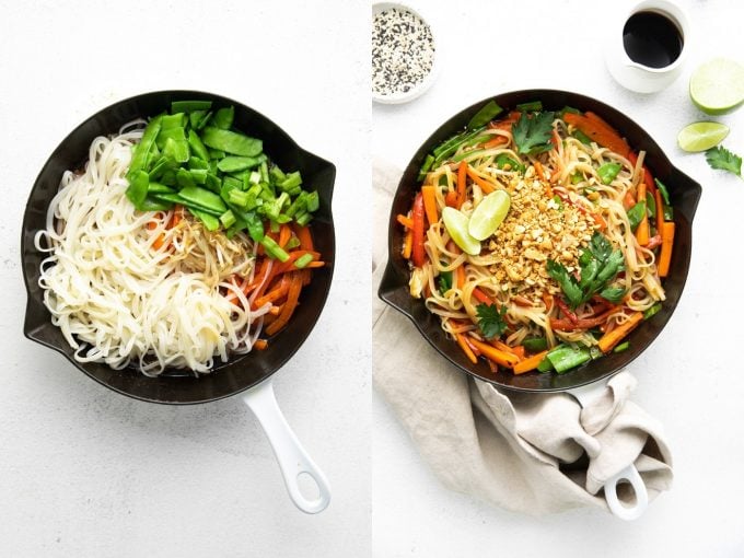 combine noodles, vegetables and sauce for Pad Thai