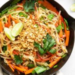 vegan Pad Thai dish in a large skillet