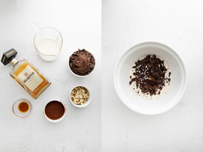 side by side images. left image: ingredients for chocolate truffles including chocolate and amaretto. right image: chopped chocolate in a white bowl