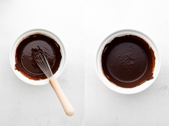 side by side images. left image: white bowl of melted chocolate with a whisk hanging out. Right image: white bowl of chocolate melted