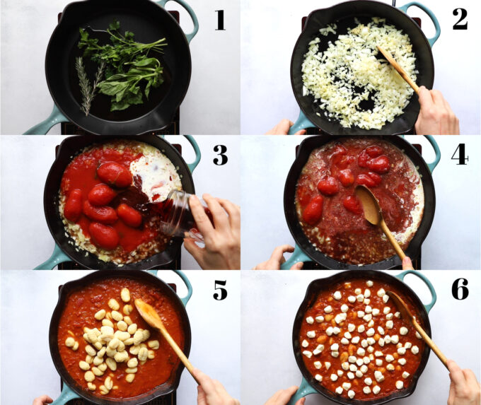 collage image showing the 6 steps of making this gnocchi dish: 1) herbs sauteing in a skillet 2) onion sauteiing in a skillet 3) tomatoes, cream and wine being poured in a skillet 4) wooden spoon working to crush the tomatoes 5) gnocchi being added to the tomato sauce 6) skillet with pearl mozzarella nestled into the tomato sauce