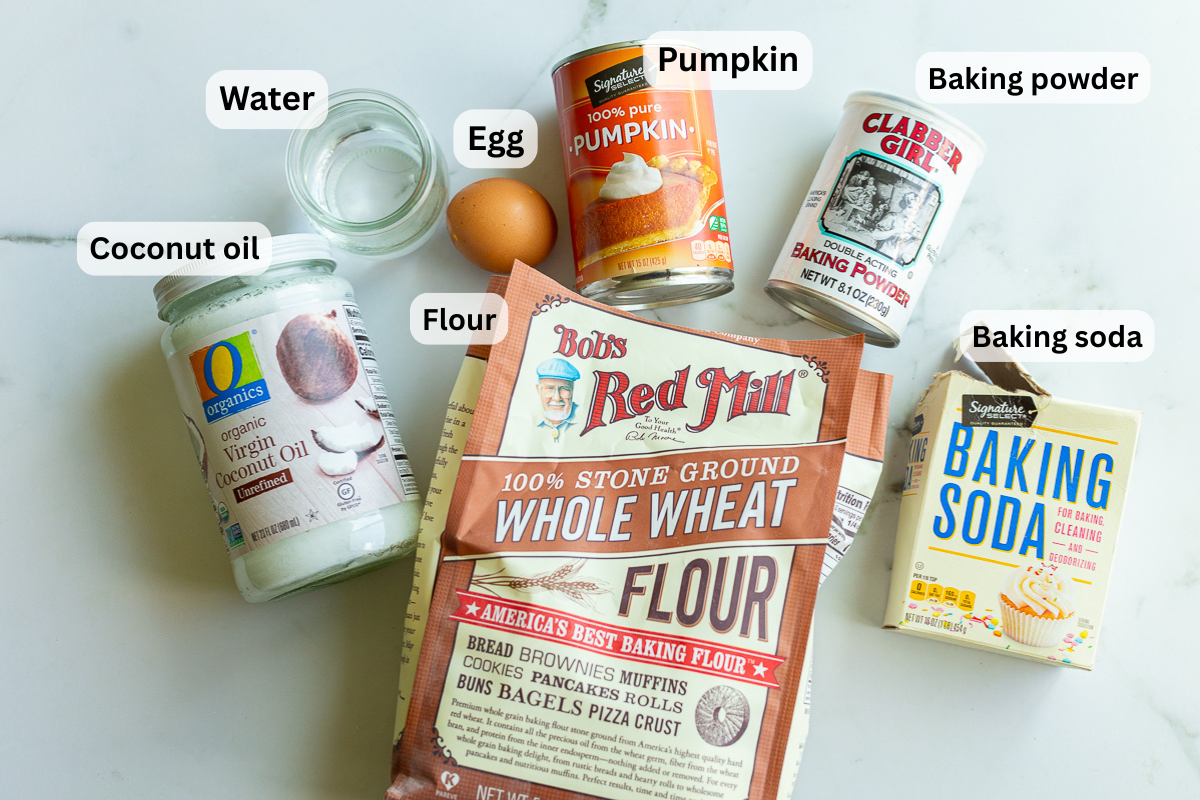 ingredients needed to make Homemade Dog Treats with Pumpkin including pumpkin, whole wheat flour, baking soda and powder, egg, and coconut oil